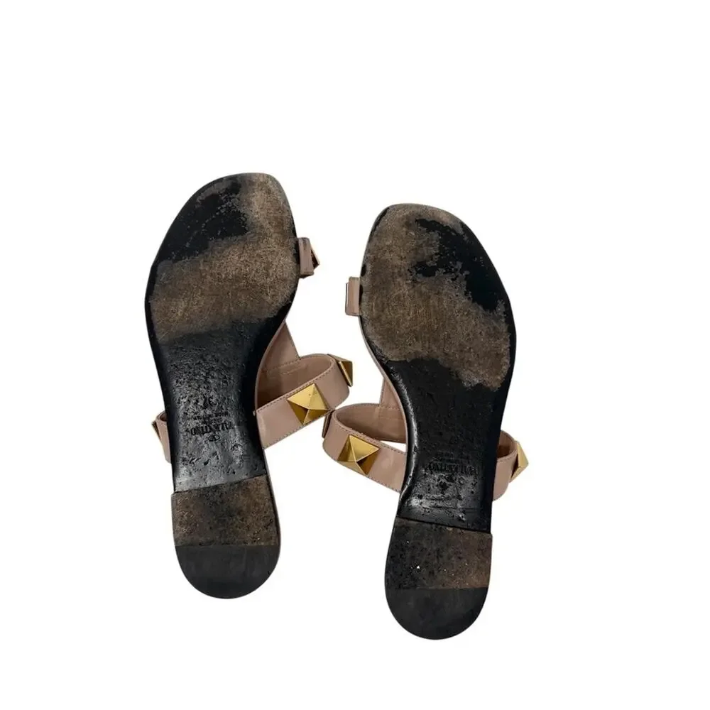 Valentino Garavani Roman Stud Flat Slide Neutral Nude Beige Sandals Size 37